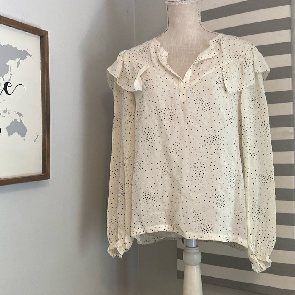 Maje Ivory & Black Star Print Lacky Ruffle Cupro Lightweight Blouse Size 3/L NEW